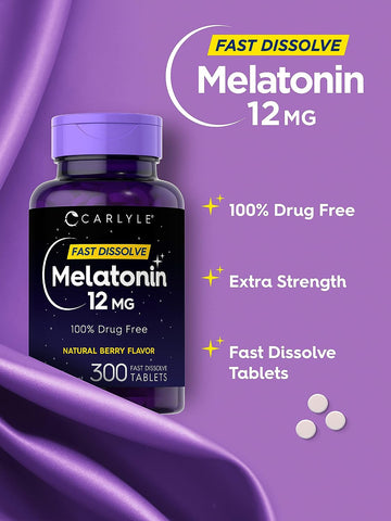 Carlyle Melatonin 12 mg Fast Dissolve 300 Tablets Nighttime Sleep Aid Natural Berry Flavor Vegetarian Gluten Free