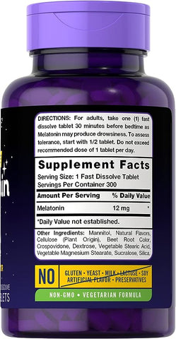 Carlyle Melatonin 12 mg Fast Dissolve 300 Tablets Nighttime Sleep Aid Natural Berry Flavor Vegetarian Gluten Free