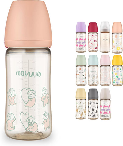 Moyuum PPSU All-in-One Feeding Baby Bottle with Nipple 270ml (+3 months) - Anti Colic, BPA Free & Easy Clean Wide-Neck Non-Tip Stable Base - Dear Dear Edition - Coral Pink