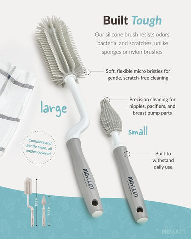 Moyuum Silicone Bottle Cleaning Brush Set Spong Bottle & Nipple Brus with 360° Rotating Handle – Soft, Scratch-Free Bristles for Baby Bottles, Nipples & Glasses, Quick-Drying and Durable (Beige)