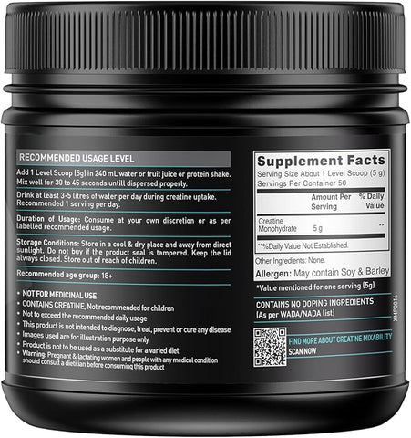 MuscleBlaze Creatine Monohydrate (Unflavoured, 0.55lbs / 250g) 50 Servings