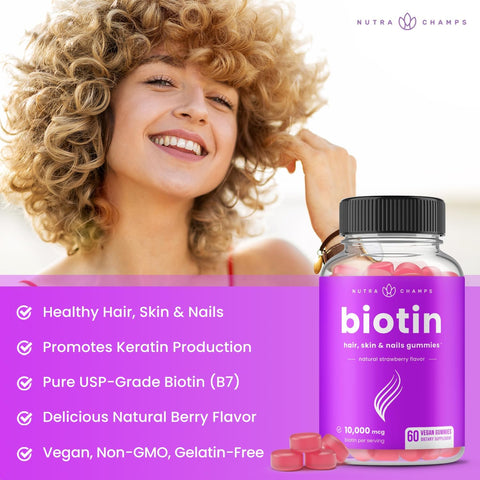 NutraChamps , Biotin Gummies, Natural Strawberry, 60 Vegan Gummies