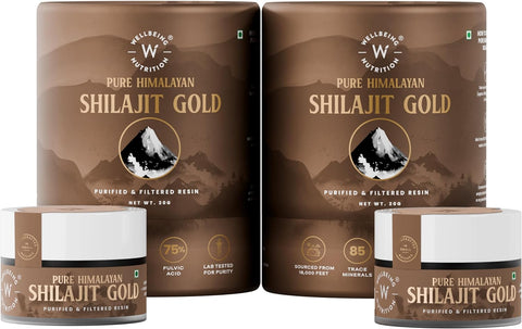 Wellbeing Nutrition Pure Himalayan Shilajit Gold Resin for Strength, Stamina, Performance, Stress Relief and Vitality | With Ashwagandha, Safed Museli & Swarna Bhasma (24K Gold Leaf) Pack Of 2