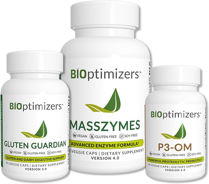 BiOptimizers Complete Gut Health Bundle - Bloating Relief and Digestive Balance - P3-OM, Gluten Guardian, MassZymes (270 Capsules)