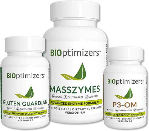 BiOptimizers Complete Gut Health Bundle - Bloating Relief and Digestive Balance - P3-OM, Gluten Guardian, MassZymes (270 Capsules)