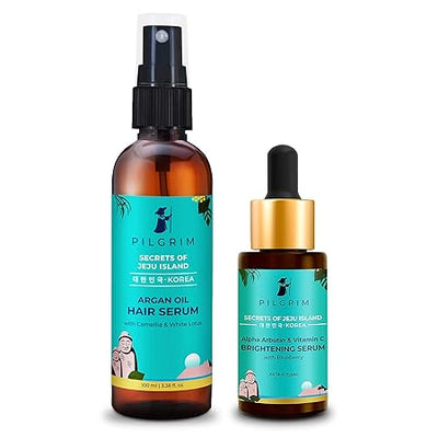 Pilgrim Skin & Hair Radiance Combo | Enhances natural glow | Improves Elasticity | Alpha Arbutin & Vitamin C BRIGHTENING SERUM 30ml, Argan Oil Hair Serum 100ml | For Men & Women