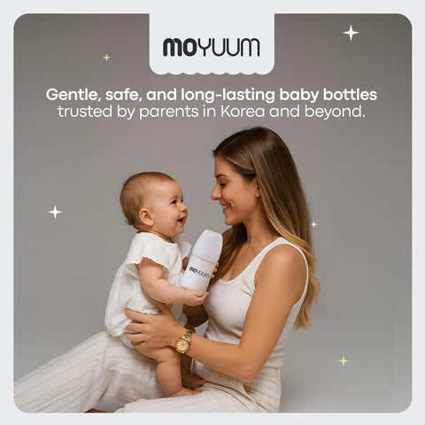 Moyuum PPSU Glass Feeding Baby Bottle with Nipple 150ml (0-3 months) - Anti Colic, BPA Free & Easy Clean Wide-Neck Non-Tip Stable Base - Natural Plain Edition