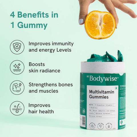 Be Bodywise Multivitamin Gummies | 60 Day Pack | With Fibre, Zinc, Iron & Biotin | Vitamin D3, B6, E & A | Boosts Energy & Stamina, Improves Immunity & Skin Health | Vegan, Gluten & Gelatin Free