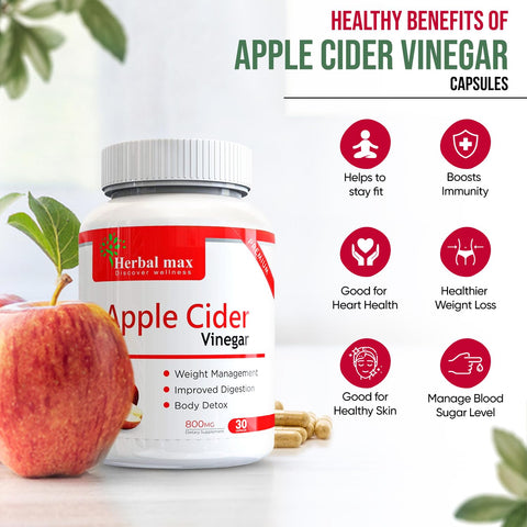 Herbal max Organics Apple Cider Vinegar, 30 Veg Capsules (800mg)