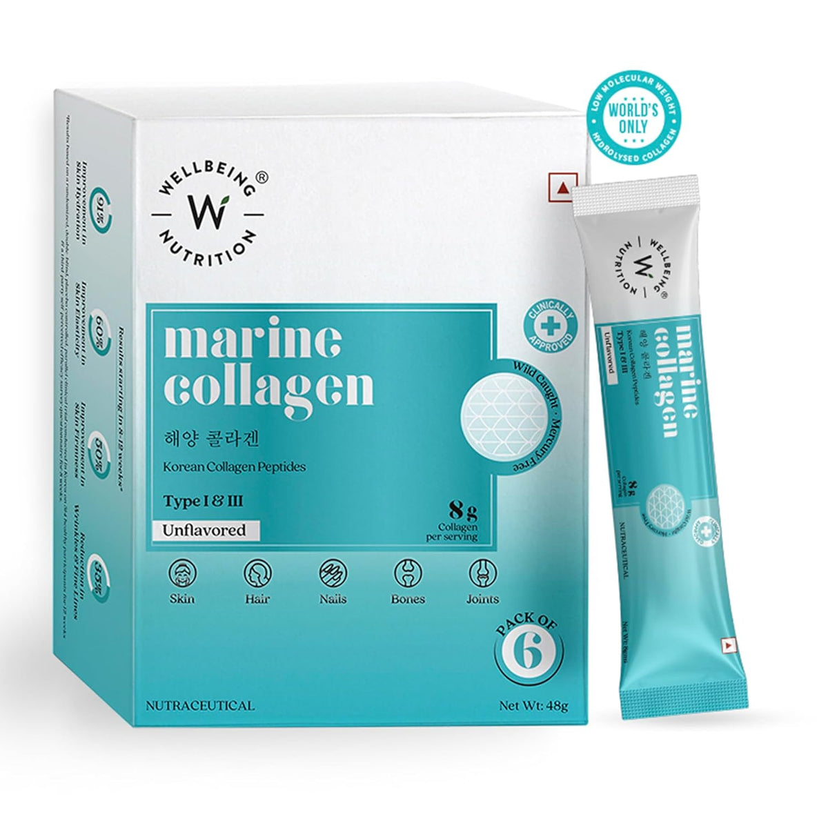 Wellbeing Nutrition Pure Korean Marine Collagen Supplements for Women & Men Unflavored - 6 Sachets