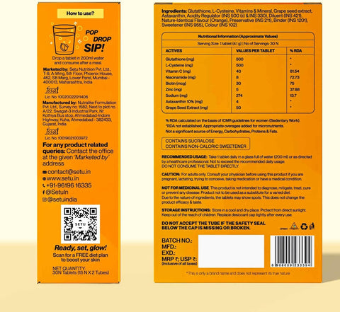 SETU Skin Rejuvenation Combo: Marine Collagen Powder Peach Mango flavor 300g + Glutathione Tablets