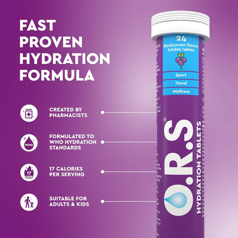 O.R.S Hydration Tablets with Electrolytes, Vegan, Gluten and Lactose Free Formula – Natural Blackcurrant Flavour, 96 Tablets (Pack of 4 x 24)