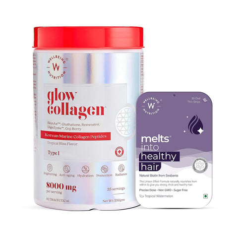 Wellbeing Marine Glow Collagen with Melts Healthy Hair (200 gms Collagen + 30 Oral Strips)