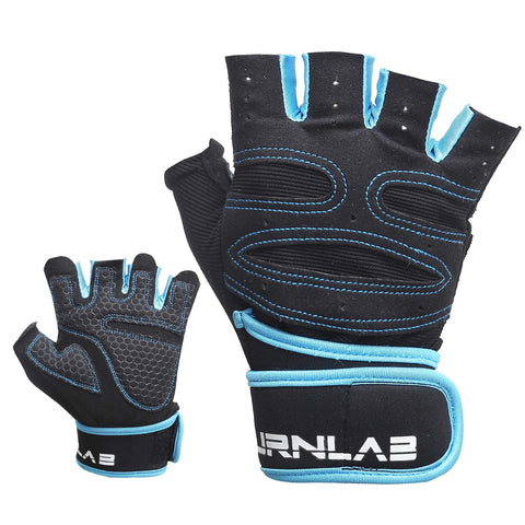 BURNLAB Gym Gloves with Wrist Support (Blue, Small)