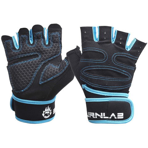 BURNLAB Gym Gloves with Wrist Support (Blue, Small)