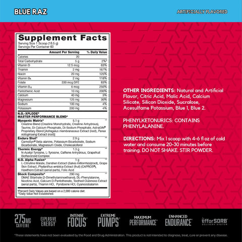 BSN N.O.-XPLODE Pre-Workout Powder - Blue Raz, 60 Servings – image 2