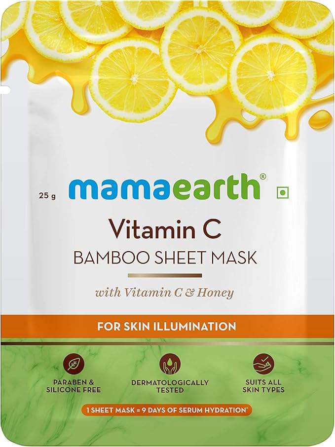 Mamaearth Vitamin C Bamboo Sheet Mask with Vitamin C & Honey for Skin Illumination, Dryness - 25 g