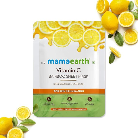 Mamaearth Vitamin C Bamboo Sheet Mask with Vitamin C & Honey for Skin Illumination, Dryness - 25 g