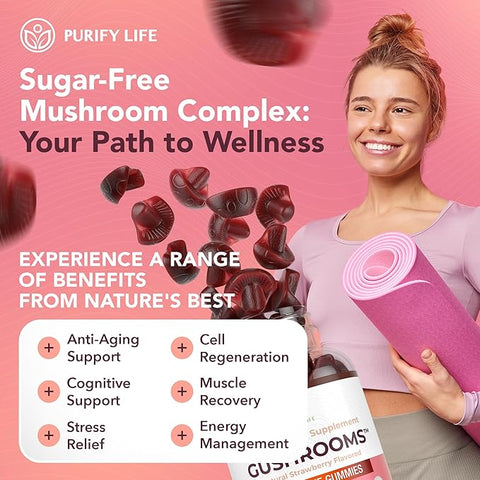 Purify Life Sugar-Free Gushroom Complex Gummies 60 (Natural Strawberry Flavour)