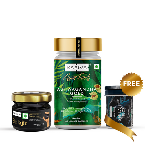 Kapiva Fitness & Stress Relief Combo with Free Shilajit Fizz, Ashwagandha Gold Caps and Himalayan Shilajit 20Gm