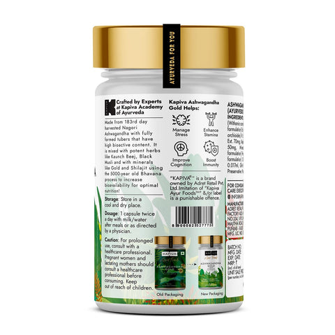 Kapiva Ashwagandha Gold Capsules Ashwagandha With Gold, Shilajit (60 Capsules)