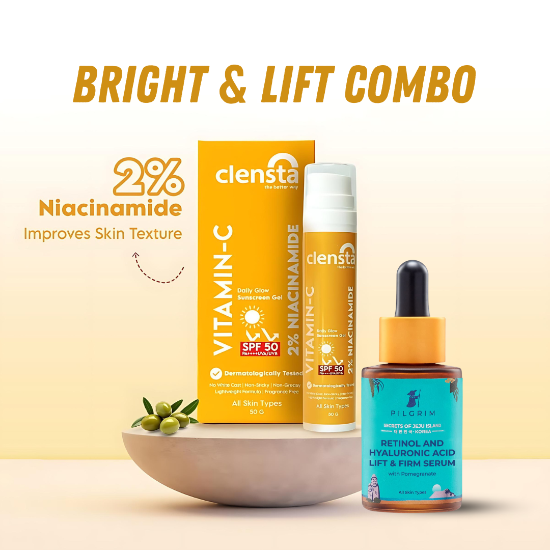 Bright & Lift Combo : PILGRIM Retinol & Hyaluronic Acid Lift & Firm Serum 30 ml and Clensta VITAMIN C DAILY GLOW SUNSCREEN GEL SPF 50+++ UVA/UVB 50G (CLP090) Combo