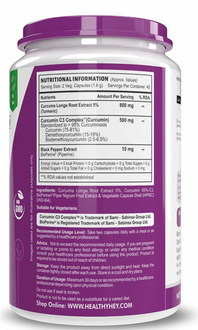 HealthyHeyCurcumin with Bioperine 1310mg (Ultra Pure) | Organic Turmeric, 90 Vegetable Capsules with Piperine
