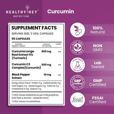 HealthyHeyCurcumin with Bioperine 1310mg (Ultra Pure) | Organic Turmeric, 90 Vegetable Capsules with Piperine