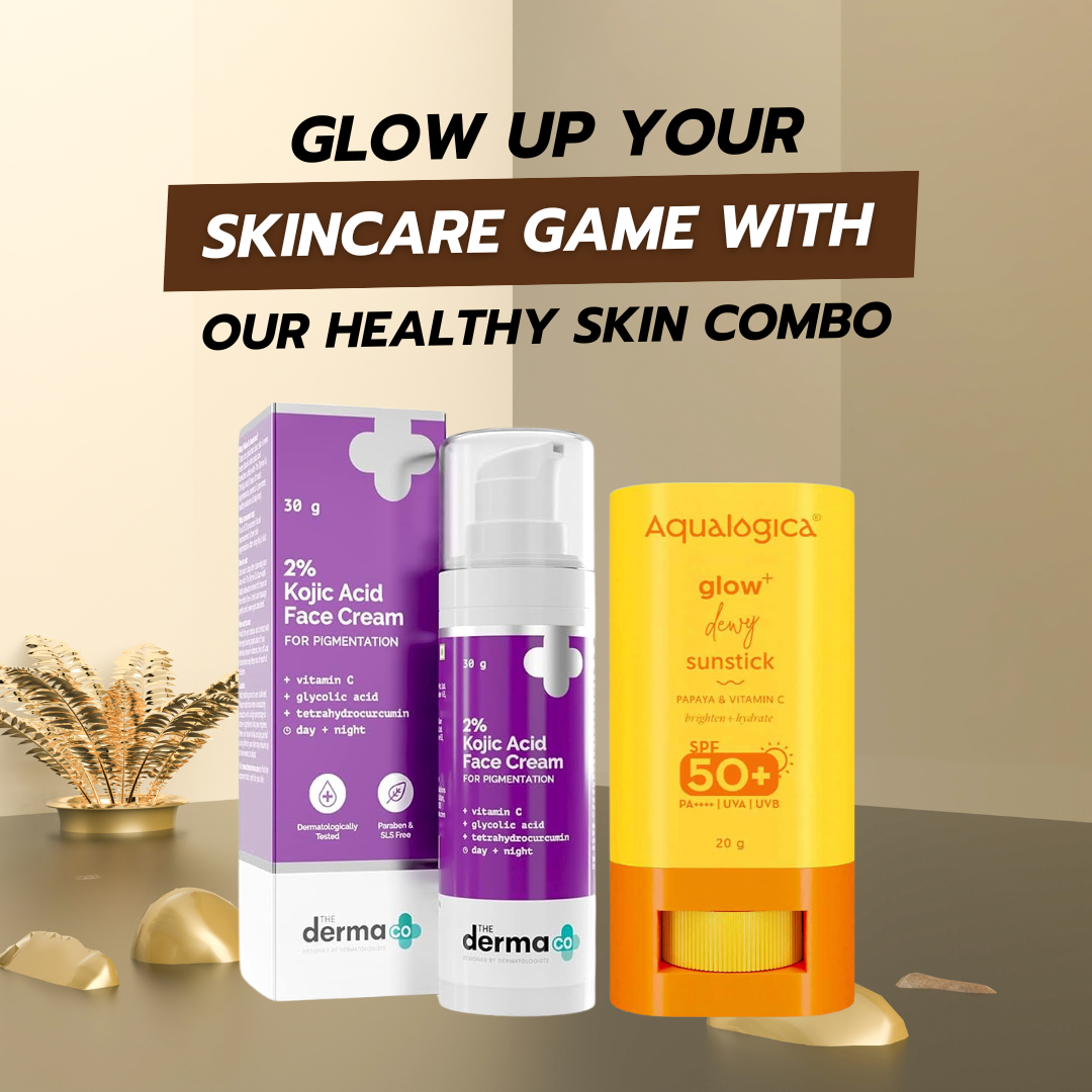 Healthy & Clear Skin Combo - THE DERMA CO 2% Kojic Acid Cream 30 gm and AQUALOGICA Glow+ Dewy Sunstick 20gm Combo