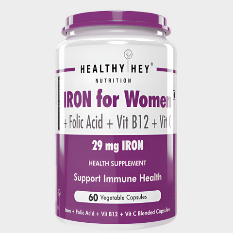 HealthyHey Iron Supplement for Women -100% Chelated - With Vitamin B12, Folic Acid & Vitamin C for High Absorption (60 Veg Capsules)
