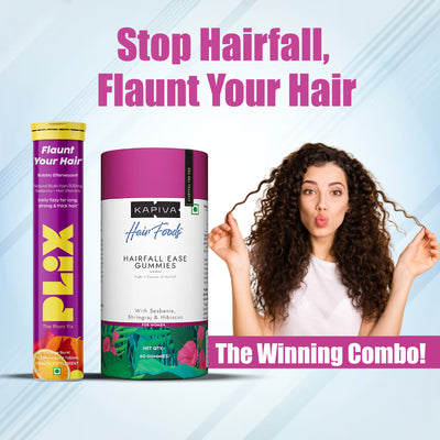 Kapiva Hairfall Ease Gummies for Women + Plix Flaunt your hair Orange Burst 15 Effervescent Tablets