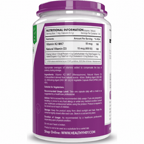 HealthyHey Natural Vitamin K2 + Natural D3 - Non-GMO | Non-Synthetic 120 Veg. Capsules