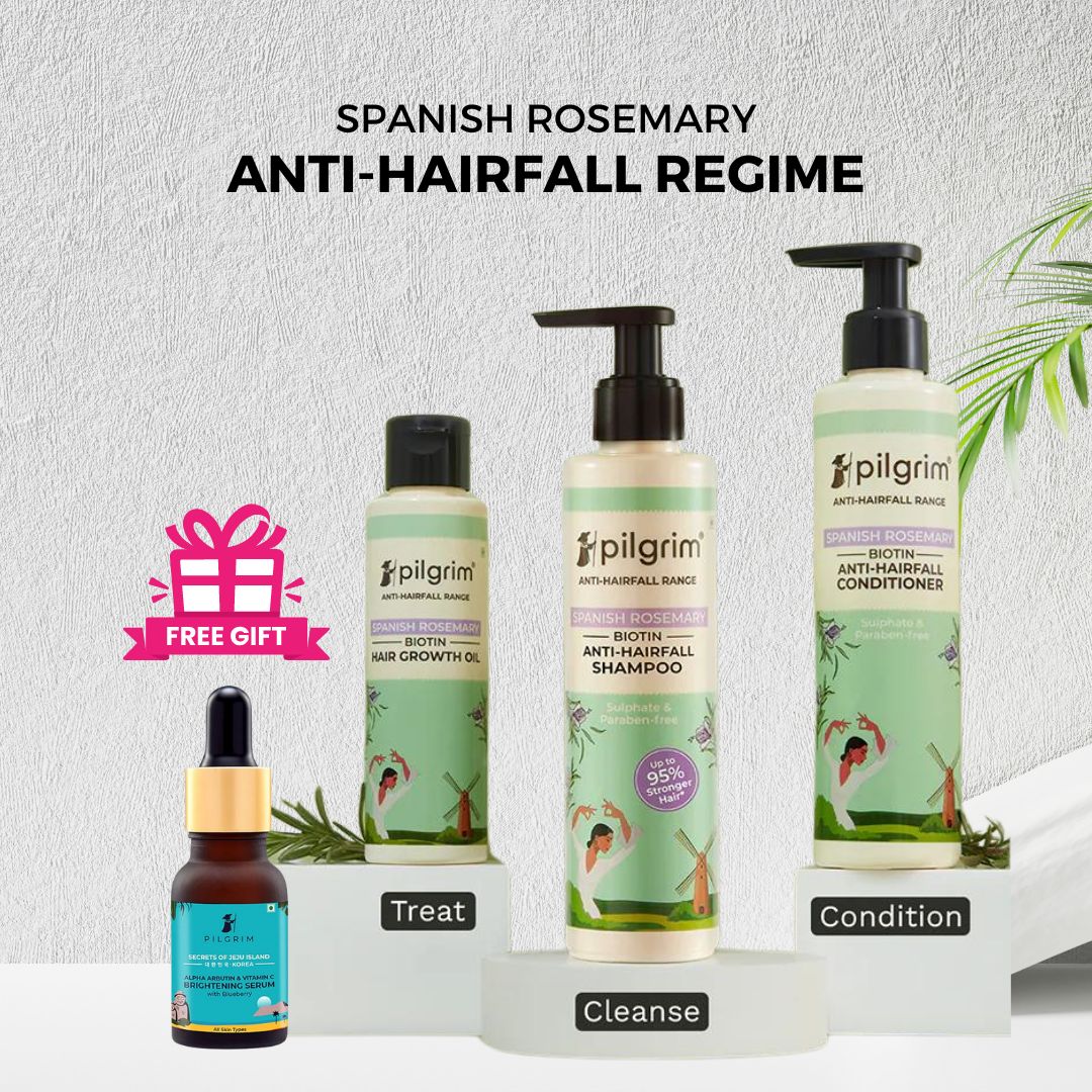 Pilgrim Spanish Rosemary & Biotin Anti Hairfall Shampoo Conditioner Hair Growth Oil + FREE Pilgrim Vitamin C Brightening Face Serum 5Ml