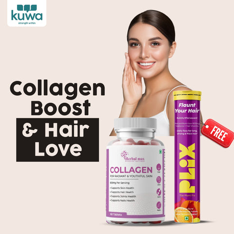 Herbal Max Collagen 60 Tablets 800Mg + FREE Plix Flaunt Your Hair Orange Burst 15 Effervescent Tablets Combo