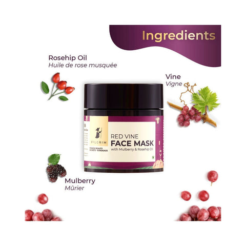 Pilgrim Anti Ageing Red Vine Face Pack & Mask Paste with Mulberry Extracts & Rosehip Oil for Glowing Skin, De-Tan, Dark Spots, Blackheads Removal, 100g