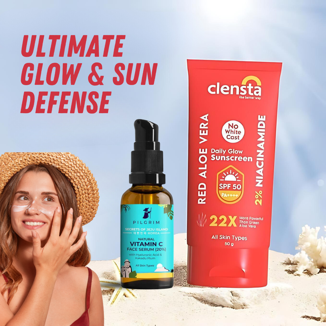 Ultimate Glow & Sun Defense :  Clensta Red Aloe Vera Daily Matte Sunscreen SPF50 50gm (CLP084) and PILGRIM Natural Vitamin C Face Serum 30 ml