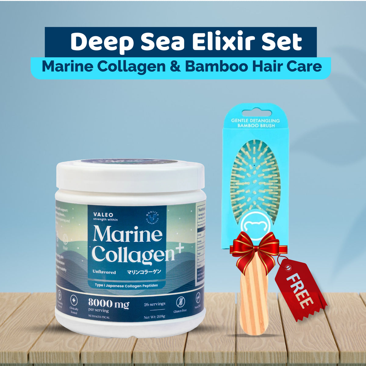 Valeo Marine Collagen and FREE SugarBearHair Gentle Detangling Bamboo Hair Brush Combo