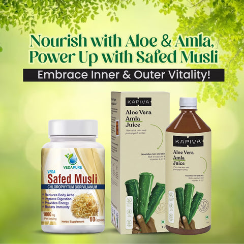 Kapiva Aloe Vera plus Amla Juice Cold-pressed Juice for Glowing Skin + Vedapure Safed Musli Power For Strength 60 Capsules