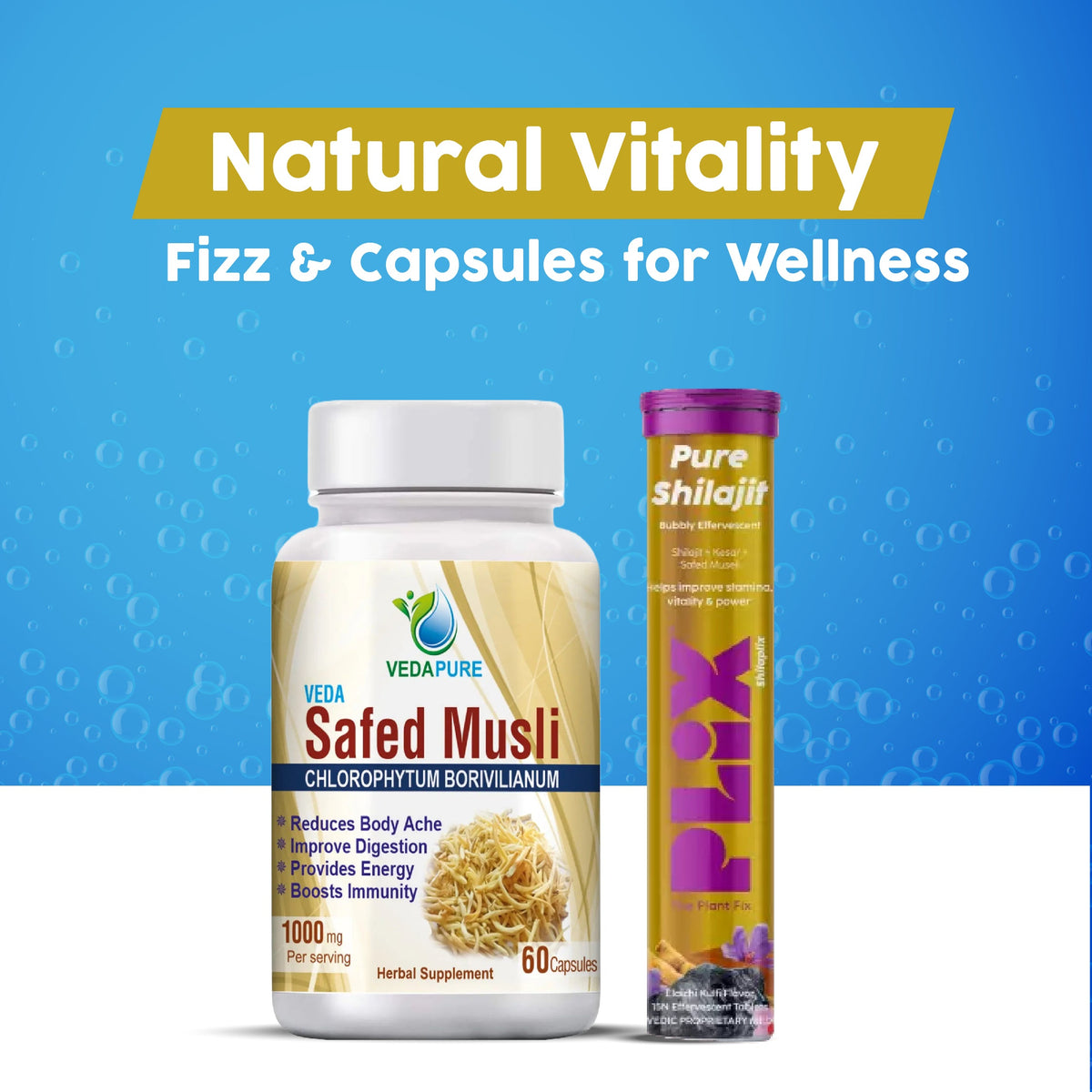 Vedapure Safed Musli Capsules + Plix Pure Shilajit Elaichi Kulfi Flavour