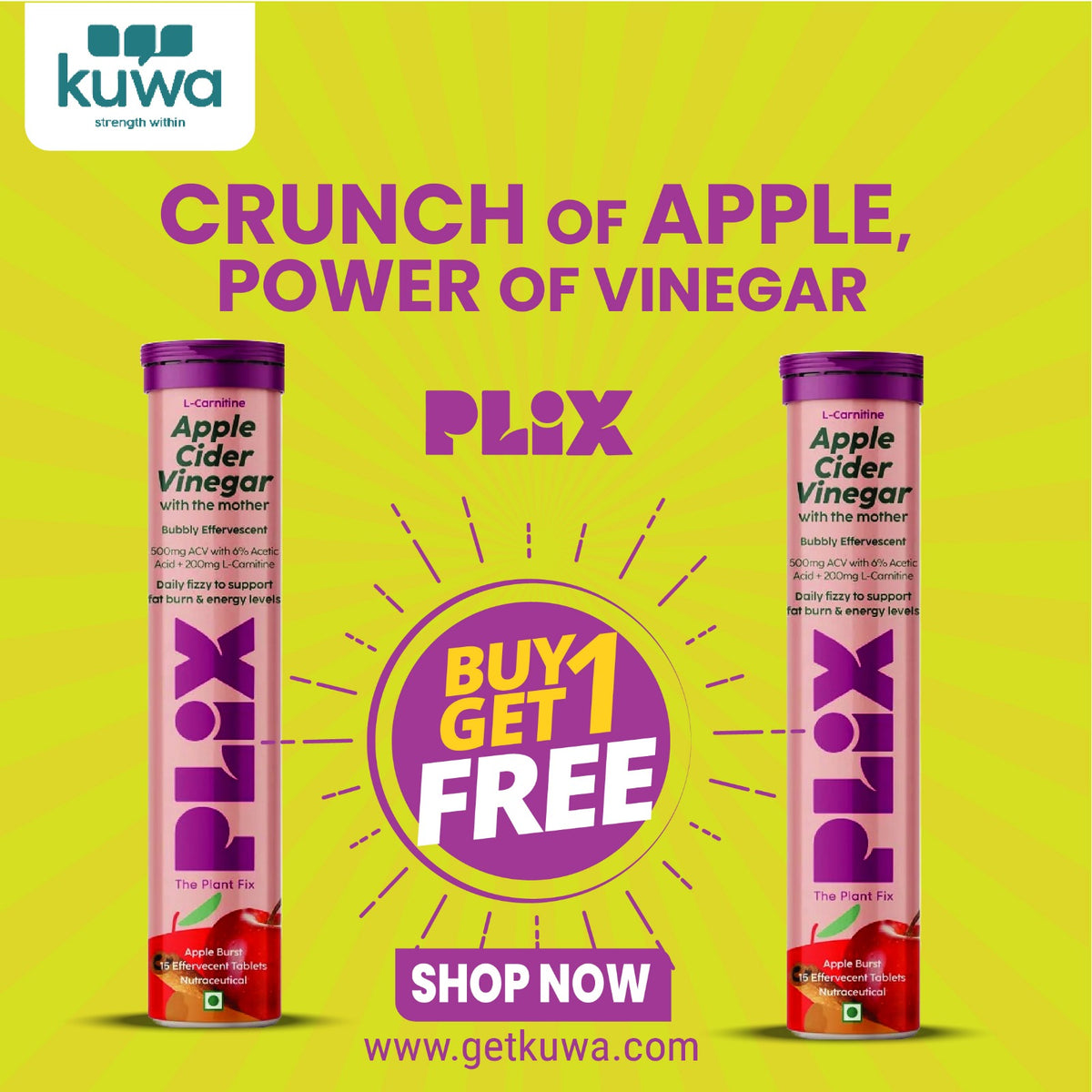 Plix Apple Cider Vinegar Apple Burst purpule Daily Fizzy to support energy levels & weight 15 Effervescent Tablets buy 1 get 1