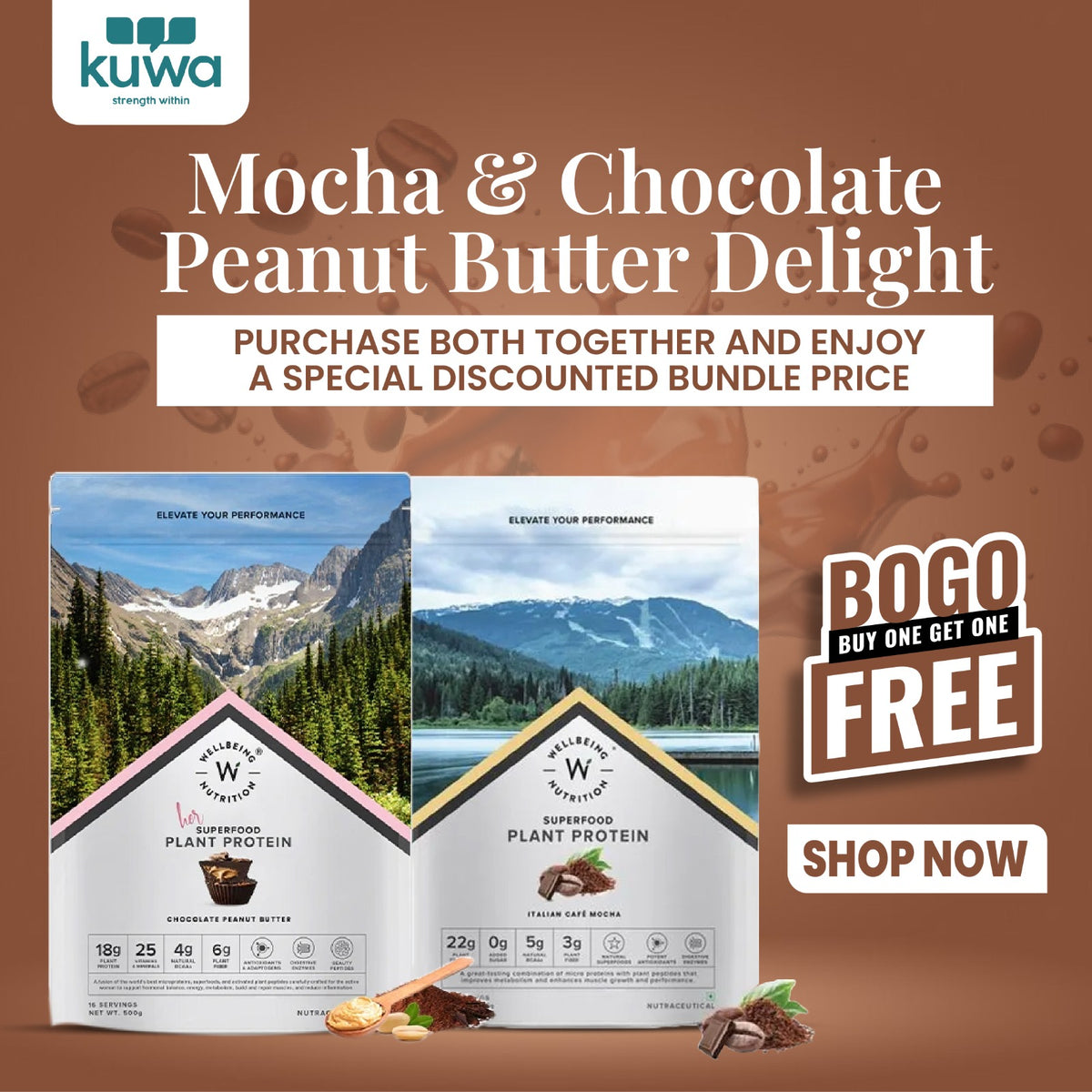 Wellbeing Nutrition Superfood Plant Protein Chocolate Peanut Butter and Italian Cafe Mocha (Buy 1 Get 1)