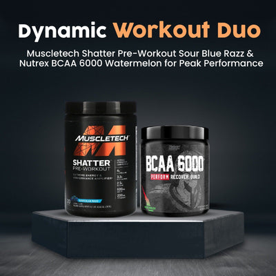 Muscletech Shatter Pre-Workout Sour Blue Razz 363 جرامًا و Nutrex BCAA 6000 Watermelon 225 جرامًا (مجموعة)