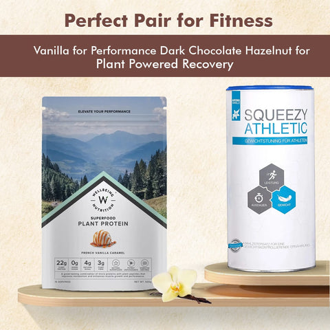 Squeezy Sports Nutrition Athletic Vanilla 550g Tub and Superfood Plant Protein French Vanilla Caramel Combo