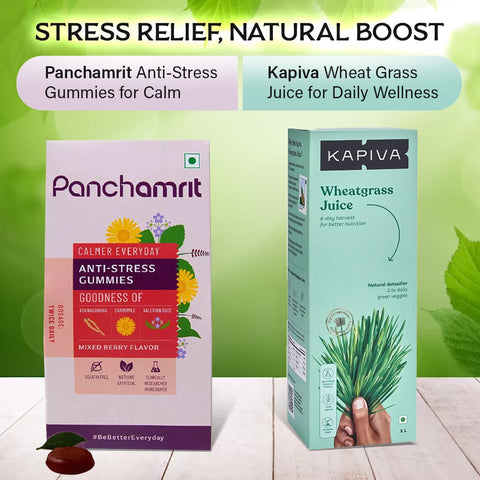 Panchamrit Calmer Everyday Anti-Stress Gummies 30 and KAPIVA Wheat Grass Juice - 1 Month Pack (2/Pack)