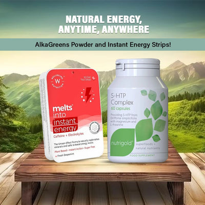 Nutrigold AlkaGreens 200g Powder and Melts Instant Energy 100% Plant Based Green Tea Caffeine, 30 Oral Strips Combo