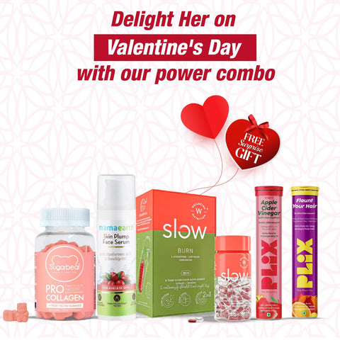 Sugarbear ProCollagen, Vegan Collagen Gummies + Wellbeing Nutrition Slow Burn + Plix Apple Cider Vinegar Juicy watermelon + Mamaearth Skin Plum + Plix Flaunt your hair Orange Burst