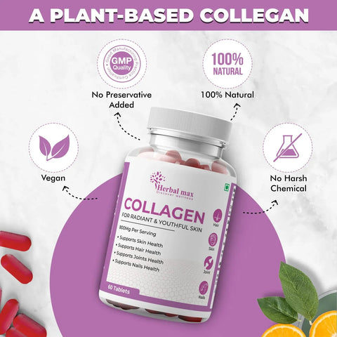 Herbal Max Collagen 60 Tablets 800Mg + FREE Plix Flaunt Your Hair Orange Burst 15 Effervescent Tablets Combo