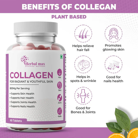 Herbal Max Collagen 60 Tablets 800Mg + FREE Plix Flaunt Your Hair Orange Burst 15 Effervescent Tablets Combo