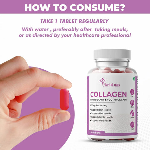 Herbal Max Collagen 60 Tablets 800Mg + FREE Plix Flaunt Your Hair Orange Burst 15 Effervescent Tablets Combo