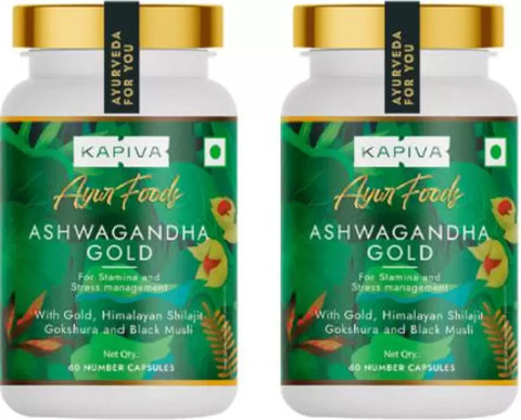 Kapiva Ashwagandha Gold Capsules, 183rd day harvested Potent Nagori Ashwagandha With Gold, Shilajit | Helps in Stress Management, Improve Energy and Stamina | For Men & Women (60 Capsules)